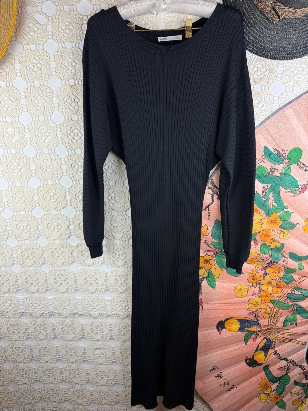 Zara Black Ribbed Batwing Long-Sleeve Midi Knit Dress Bodycon Stretch Sz. L